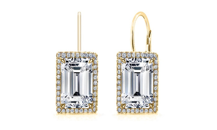 Emerald Cut Austrian Elements Leverback Earrings in 14K Gold Plating