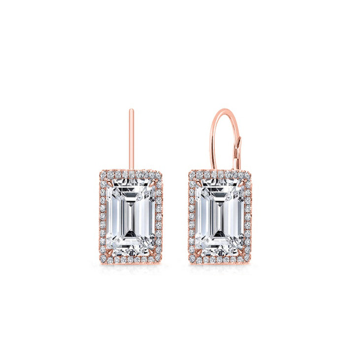 Emerald Cut Austrian Elements Leverback Earrings in 14K Rose Gold Plating