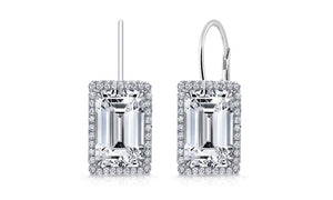 Emerald Cut Austrian Elements Leverback Earrings in 14K White Gold Plating