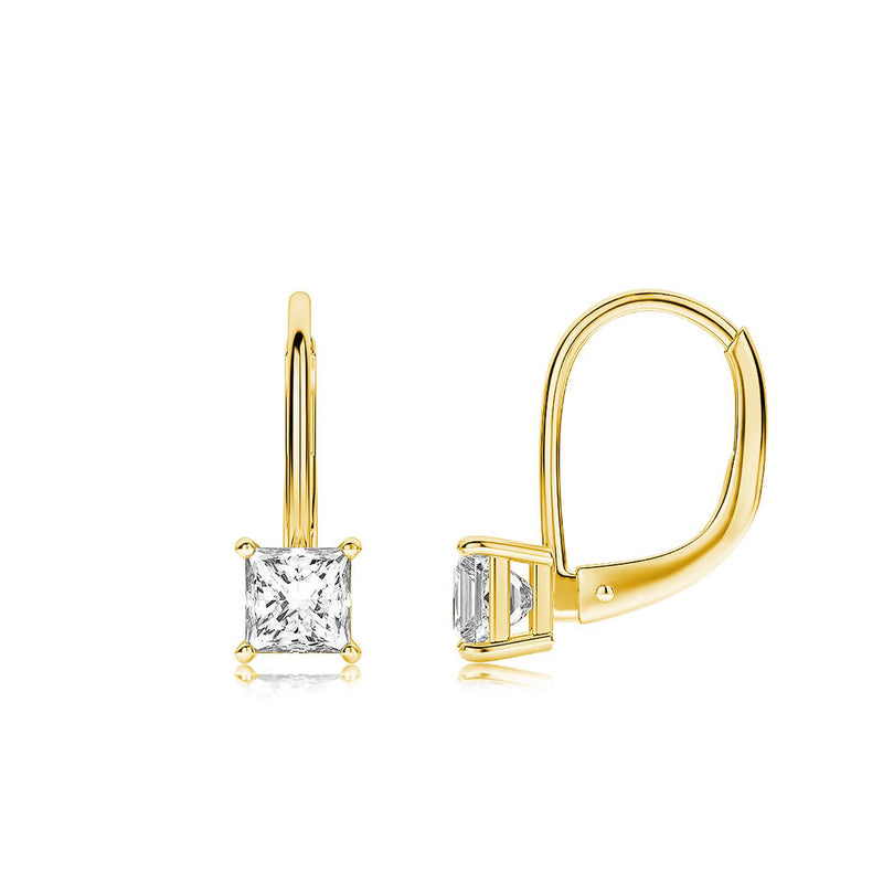Princess Cut Austrian Elements Simple Leverback Earrings in 14K Gold