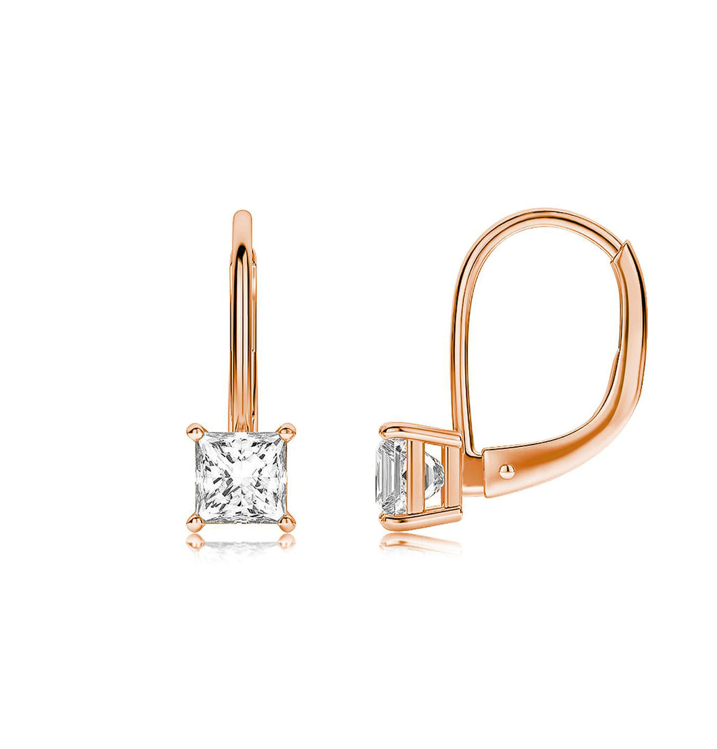 Princess Cut Austrian Elements Simple Leverback Earrings in 14K Rose Gold