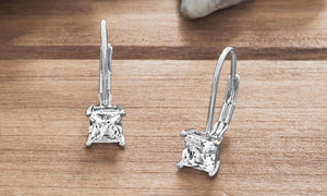 Princess Cut Austrian Elements Simple Leverback Earrings in 14K White Gold