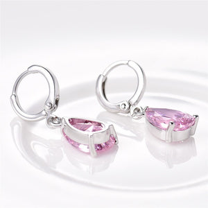 Pink Pear Cut Dangling Leverback Earrings in 14K White Gold