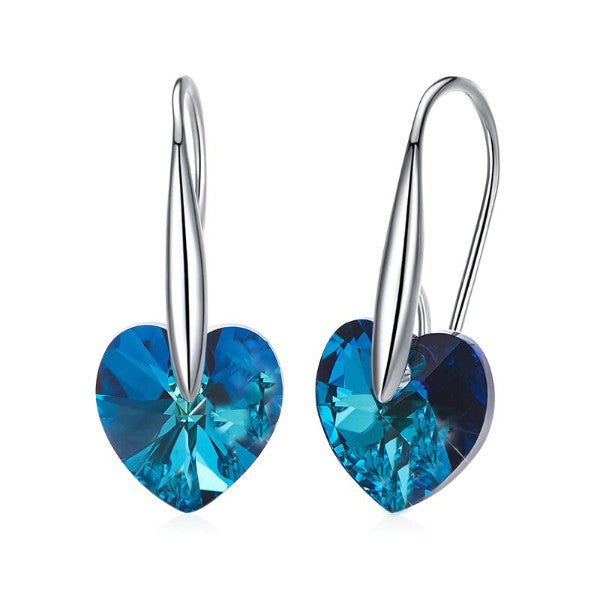 Blue Austrian Elements Heart Shaped Drop Earrings in 14K White Gold