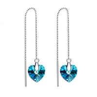 Blue Austrian Elements Dangling Heart Shaped Threader Earrings in 14K White Gold