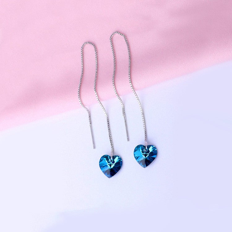 Blue Austrian Elements Dangling Heart Shaped Threader Earrings in 14K White Gold