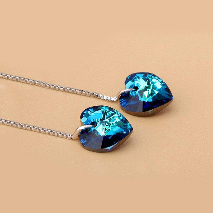 Blue Austrian Elements Dangling Heart Shaped Threader Earrings in 14K White Gold