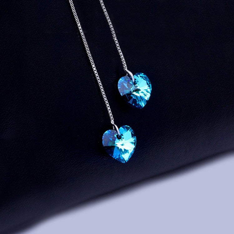 Blue Austrian Elements Dangling Heart Shaped Threader Earrings in 14K White Gold