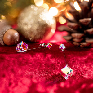 Aurora Borealis Austrian Elements Cubed Dangling Earrings in 14K White Gold