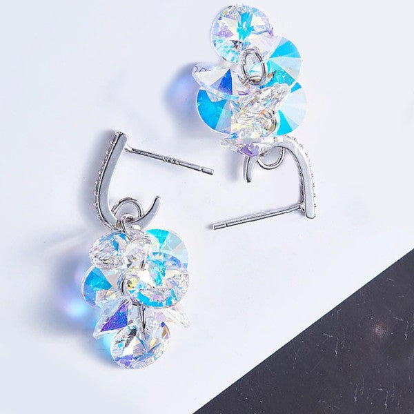 Aurora Borealis Austrian Dangling Cluster Grapevine Earrings in 14K White Gold