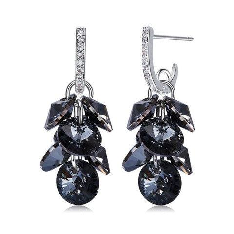 Black Austrian Dangling Cluster Grapevine Earrings in 14K White Gold