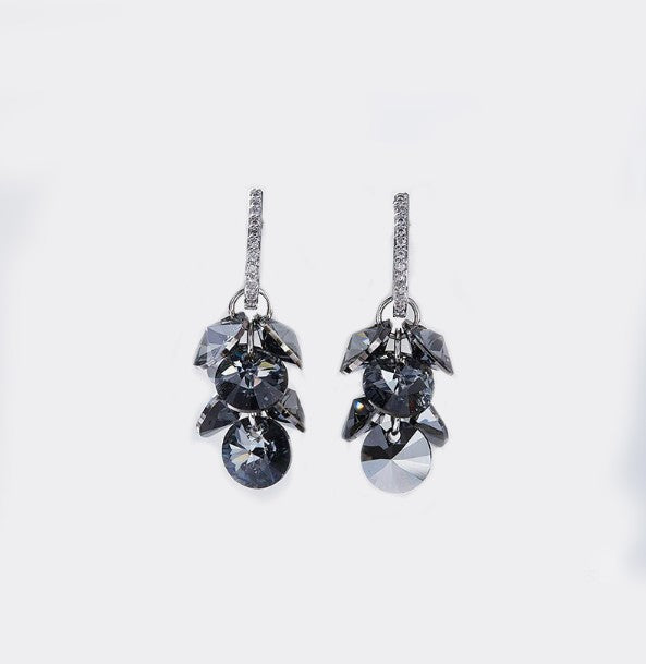 Black Austrian Dangling Cluster Grapevine Earrings in 14K White Gold