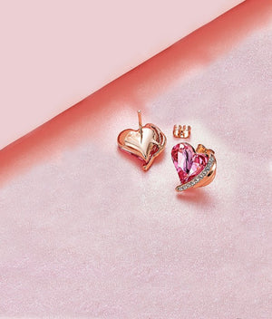 Pink Austrian Elements Heart Shaped Pav'e Studs in 14K Rose Gold Plating