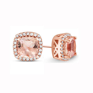 1.00 CT Morganite Halo Princess Cut Stud Earring in 18K Rose Gold Plated