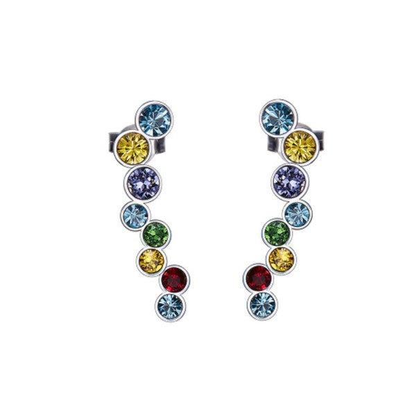 Rainbow Austrian Cluster Crawler Earrings in 14K White Gold