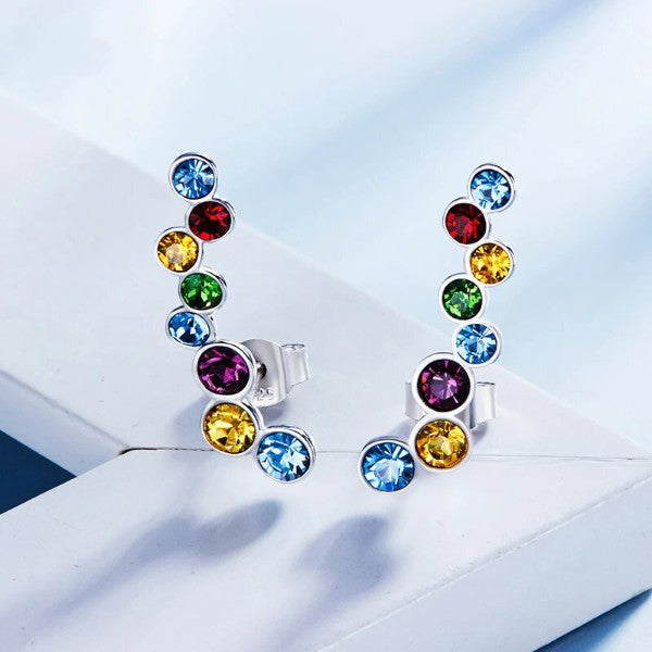 Rainbow Austrian Cluster Crawler Earrings in 14K White Gold