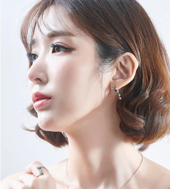 Rainbow Austrian Cluster Crawler Earrings in 14K White Gold