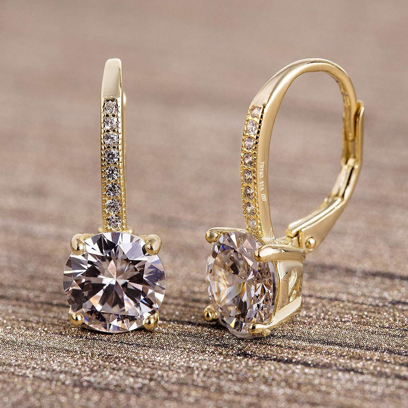 Asscher Cut Austrian Elements Pav'e Leverback Earrings in 14K Gold