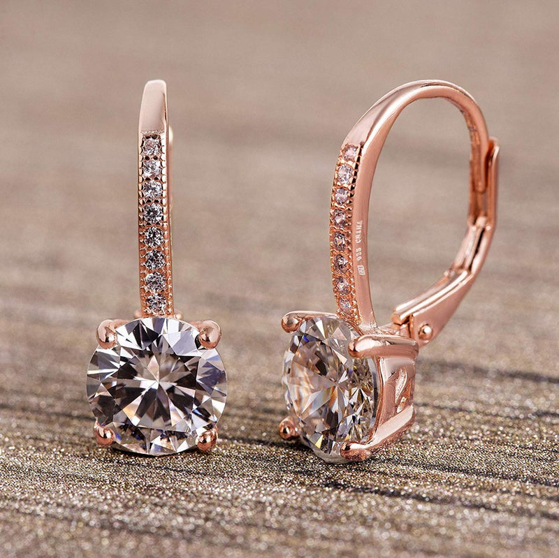 Asscher Cut Austrian Elements Pav'e Leverback Earrings in 14K Rose Gold