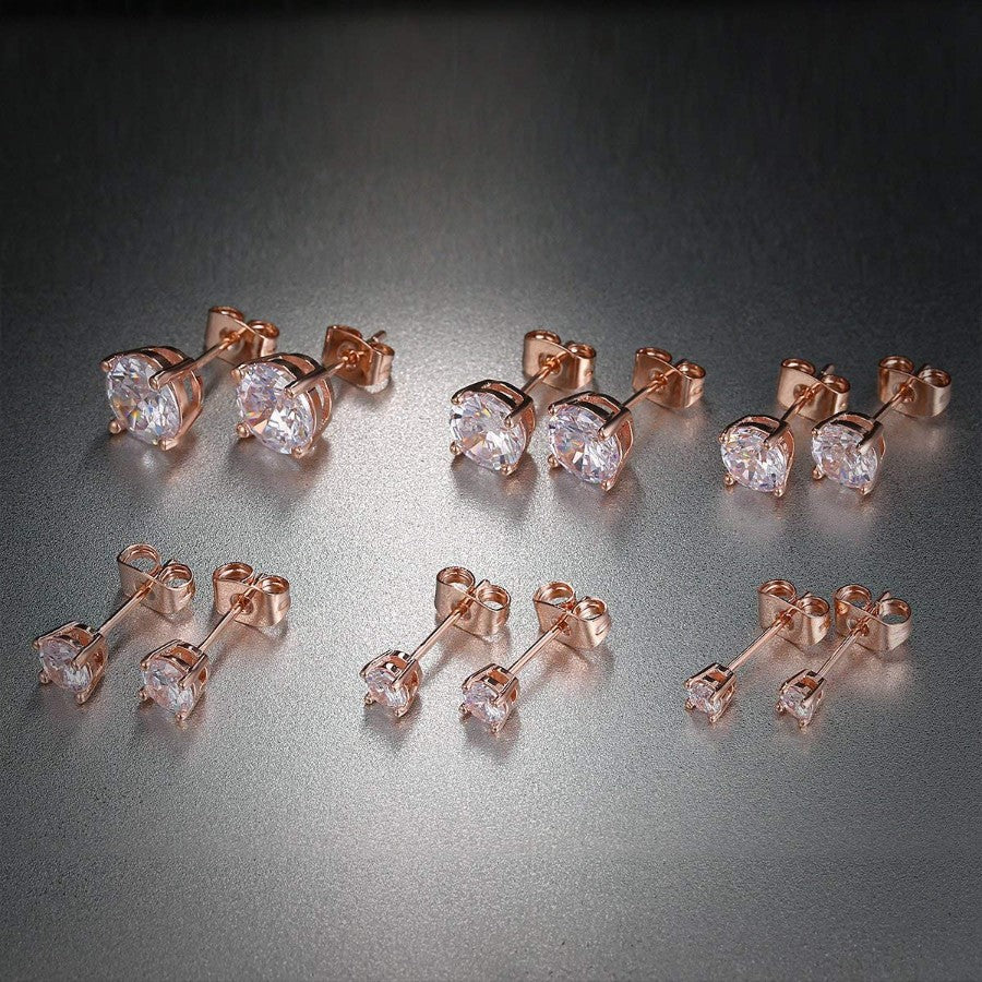 6 Piece Graduating Classic Austrian Elements Studs in 14K Rose Gold Plated