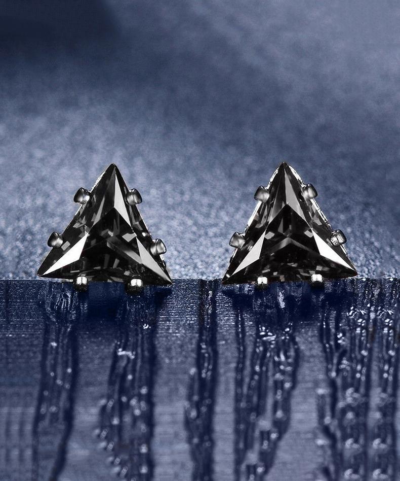 6mm Triangle Stud Earring With Swarovski Crystals - Black in 18K White Gold Plated