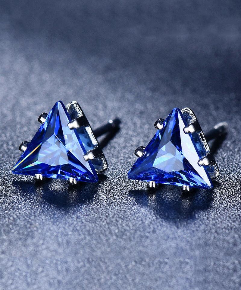 6mm Triangle Stud Earring With Swarovski Crystals - Sapphire in 18K White Gold Plated