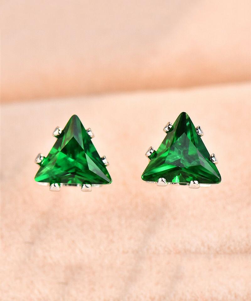 6mm Triangle Stud Earring With Austrian Crystals - Green in 18K White Gold Plated
