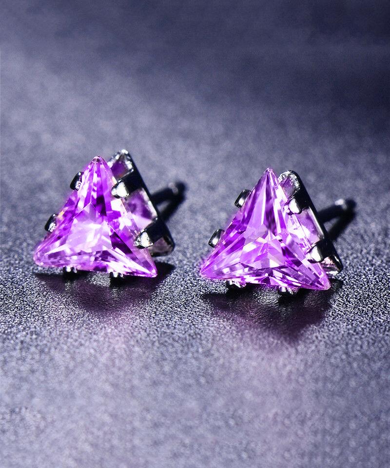 6mm Triangle Stud Earring With Austrian Crystals - Amesthyst in 18K White Gold Plated