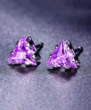 6mm Triangle Stud Earring With Austrian Crystals - Amesthyst in 18K White Gold Plated