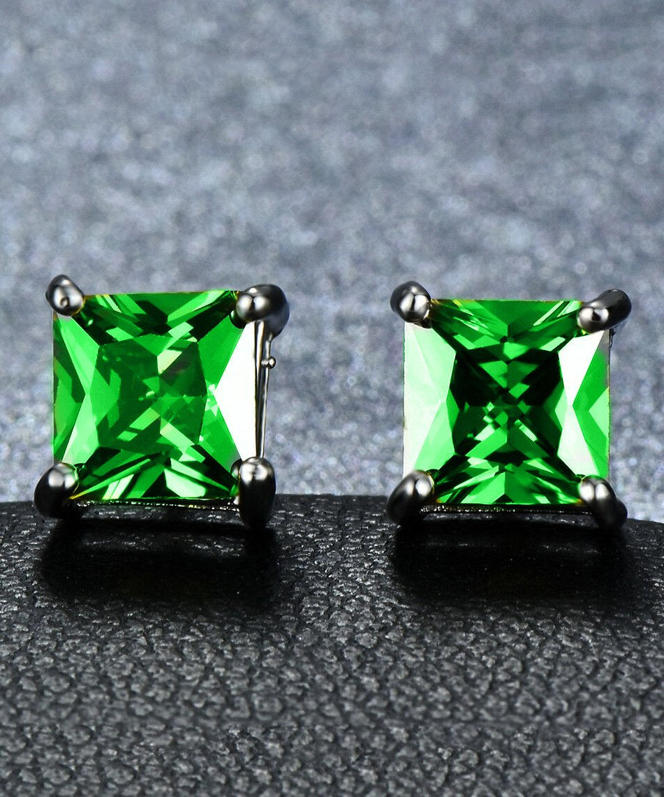 6mm Princess Stud Earring With Austrian Crystals -Green in 18K White Gold Plated