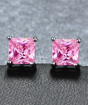 6mm Princess Stud Earring With Austrian Crystals -Pink in 18K White Gold Plated