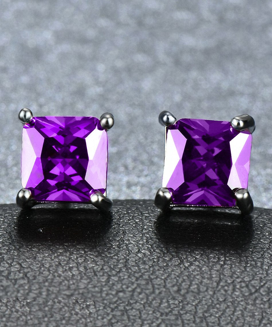 6mm Princess Stud Earring With Austrian Crystals -Purple in 18K White Gold Plated