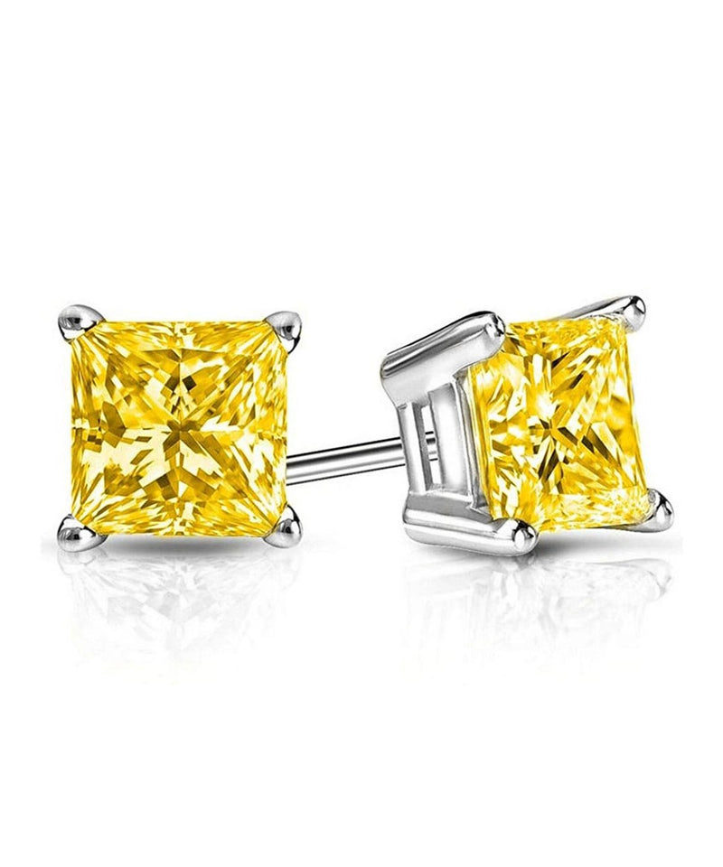 6mm Princess Stud Earring With Austrian Crystals -Yellow in 18K White Gold Plated