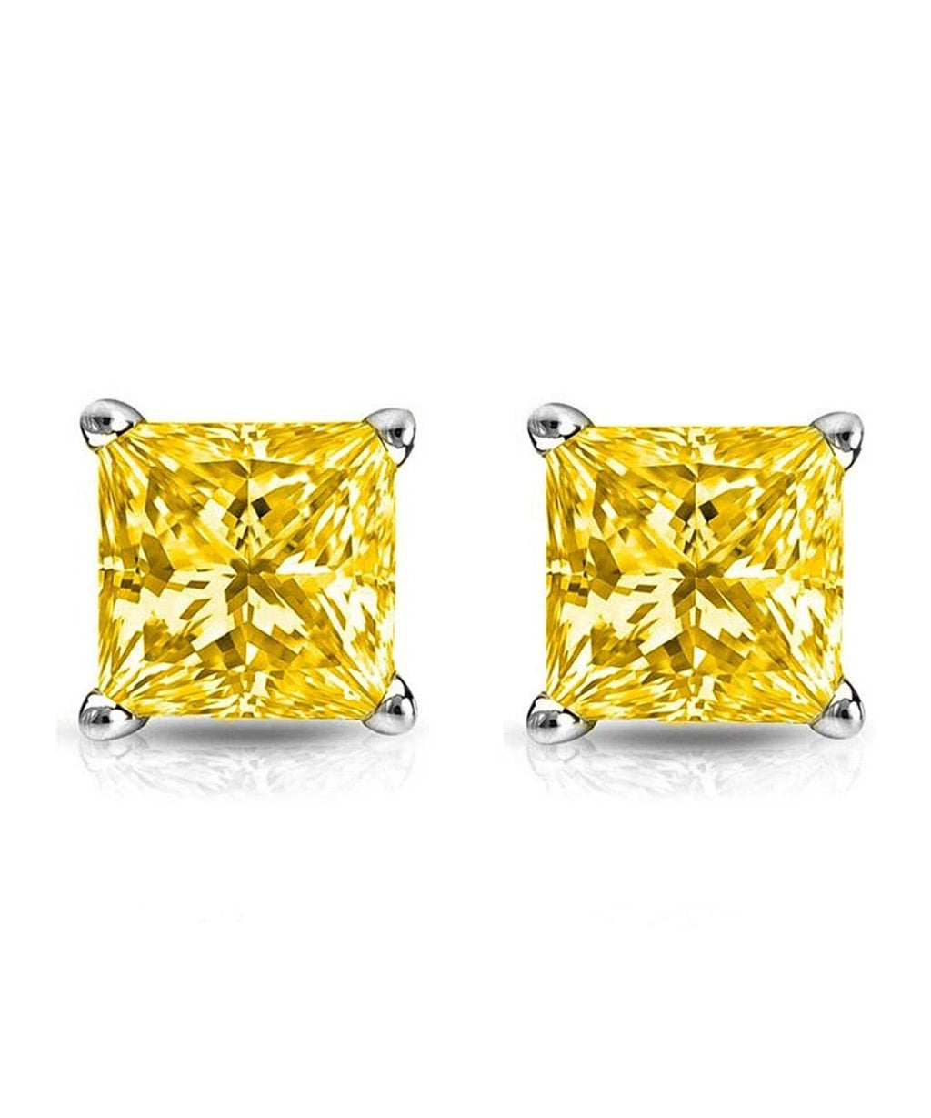 6mm Princess Stud Earring With Austrian Crystals -Yellow in 18K White Gold Plated