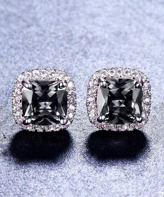 Princess Halo Cut Stud Earring With Swarovski Crystals - Black in 18K White Gold Plated