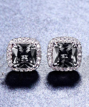 Princess Halo Cut Stud Earring With Swarovski Crystals - Black in 18K White Gold Plated
