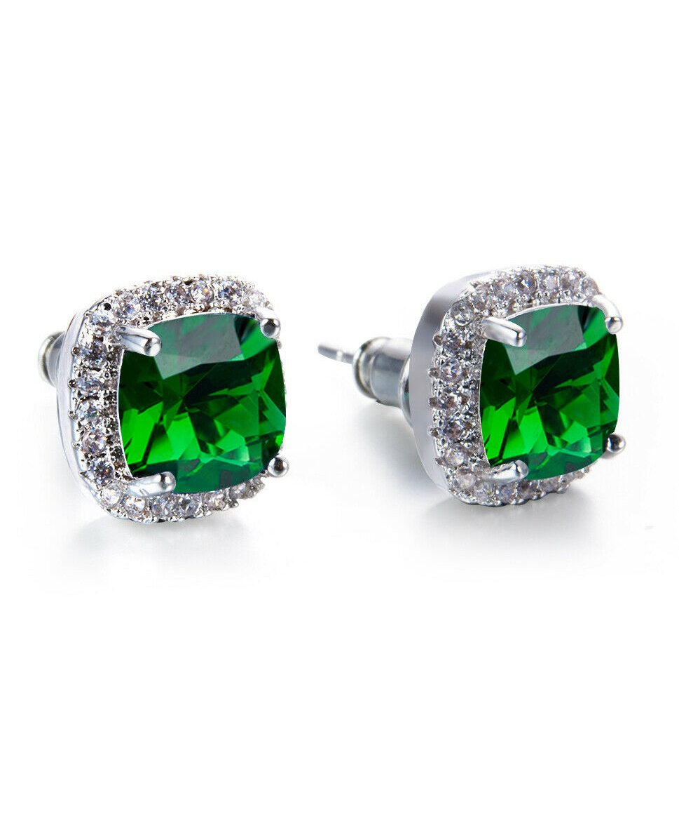 Princess Halo Cut Stud Earring With Swarovski Crystals - Green in 18K White Gold Plated