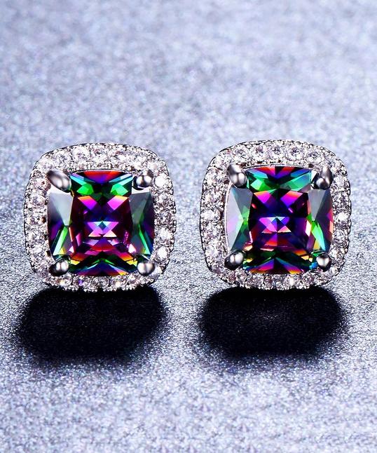 Princess Halo Cut Stud Earring With Swarovski Crystals - Mystic in 18K White Gold Plated