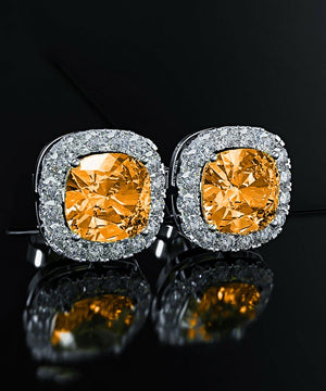 Princess Halo Cut Stud Earring With Austrian Crystals - Orange in 18K White Gold Plated