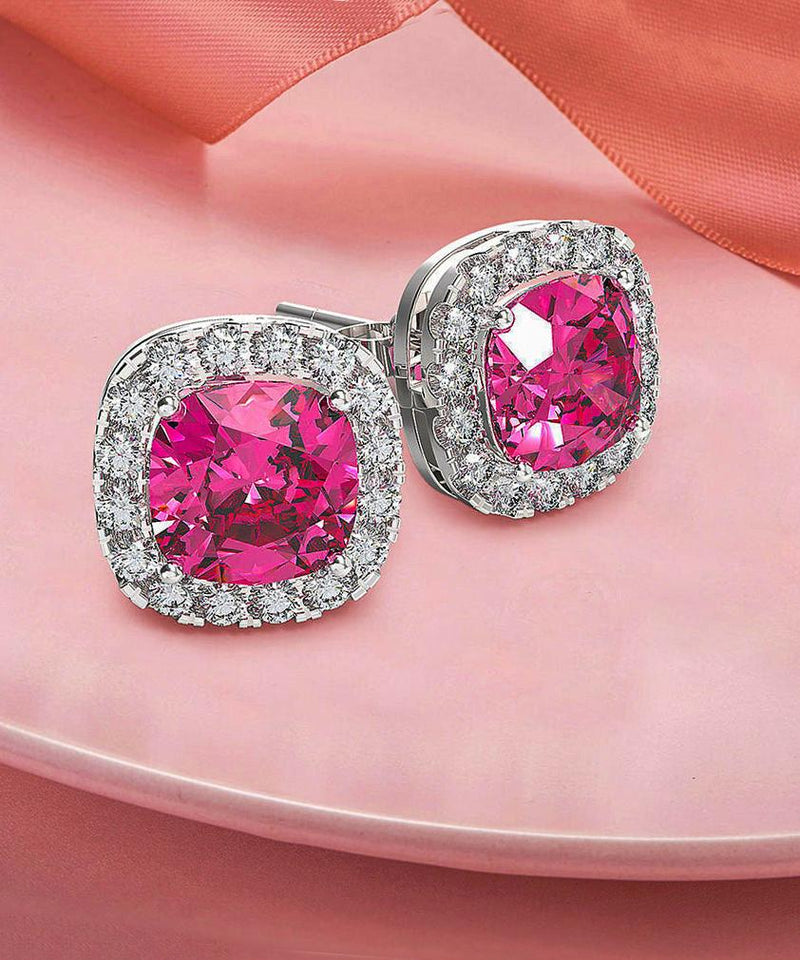 Princess Halo Cut Stud Earring With Austrian Crystals - Pink in 18K White Gold Plated