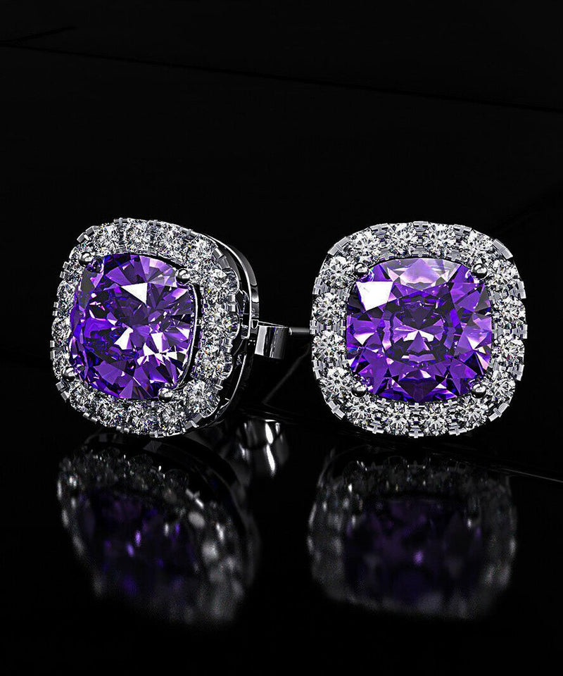 Princess Halo Cut Stud Earring With Austrian Crystals - Purple in 18K White Gold Plated