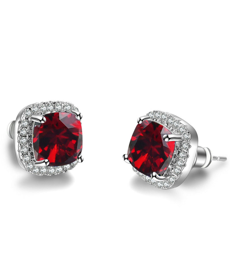 Princess Halo Cut Stud Earring With Austrian Crystals - Red in 18K White Gold Plated