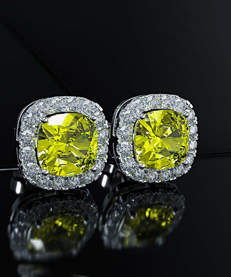 Princess Halo Cut Stud Earring With Austrian Crystals - Yellow in 18K White Gold Plated
