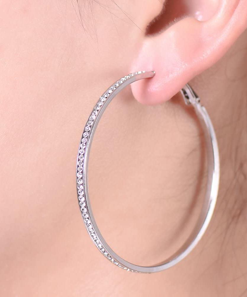 2" Pave Hoop Earring With  Crystals in 18K White Gold Plated