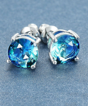 1.25ct Round Cut Aquamarine Stud Earrings Bi Color With Crystals in 18K White Gold Plated