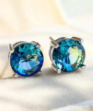 1.25ct Round Cut Aquamarine Stud Earrings Bi Color With Crystals in 18K White Gold Plated
