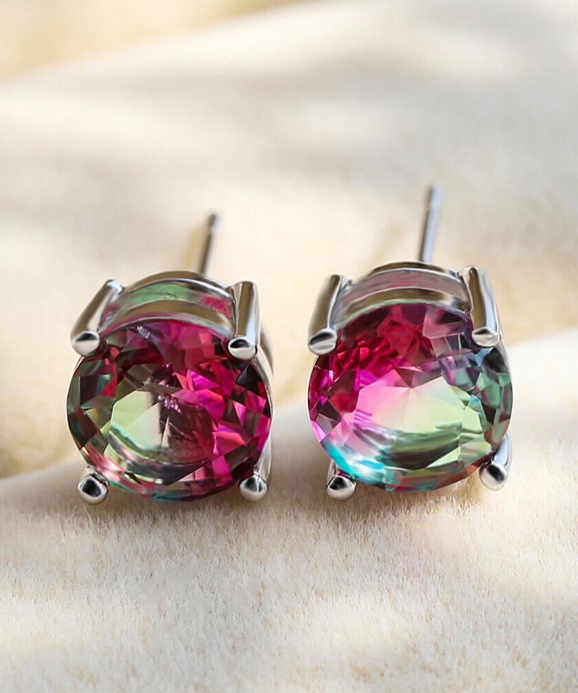 1.25ct Round Cut Rose & Green Stud Earrings Bi Color With Crystals in 18K White Gold Plated