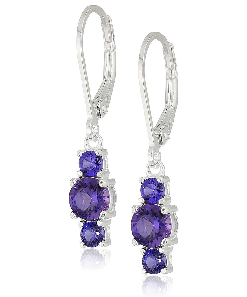 Three Stone Leverback Dangle With Austrian Crystals - Alexandrite in 18K White Gold Plated
