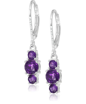 Three Stone Leverback Dangle With Austrian Crystals - Amethyst in 18K White Gold Plated