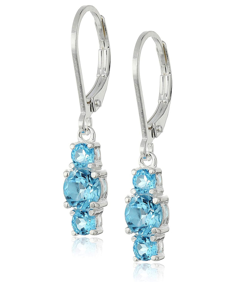 Three Stone Leverback Dangle With Austrian Crystals - Blue Topaz in 18K White Gold Plated